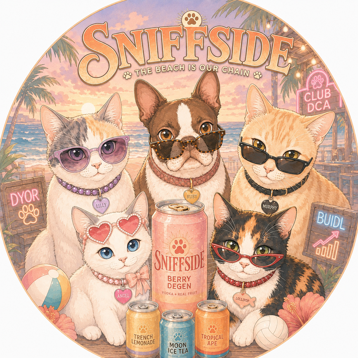 Anime-style portrait of the five Sniffside pets at a neon beach club