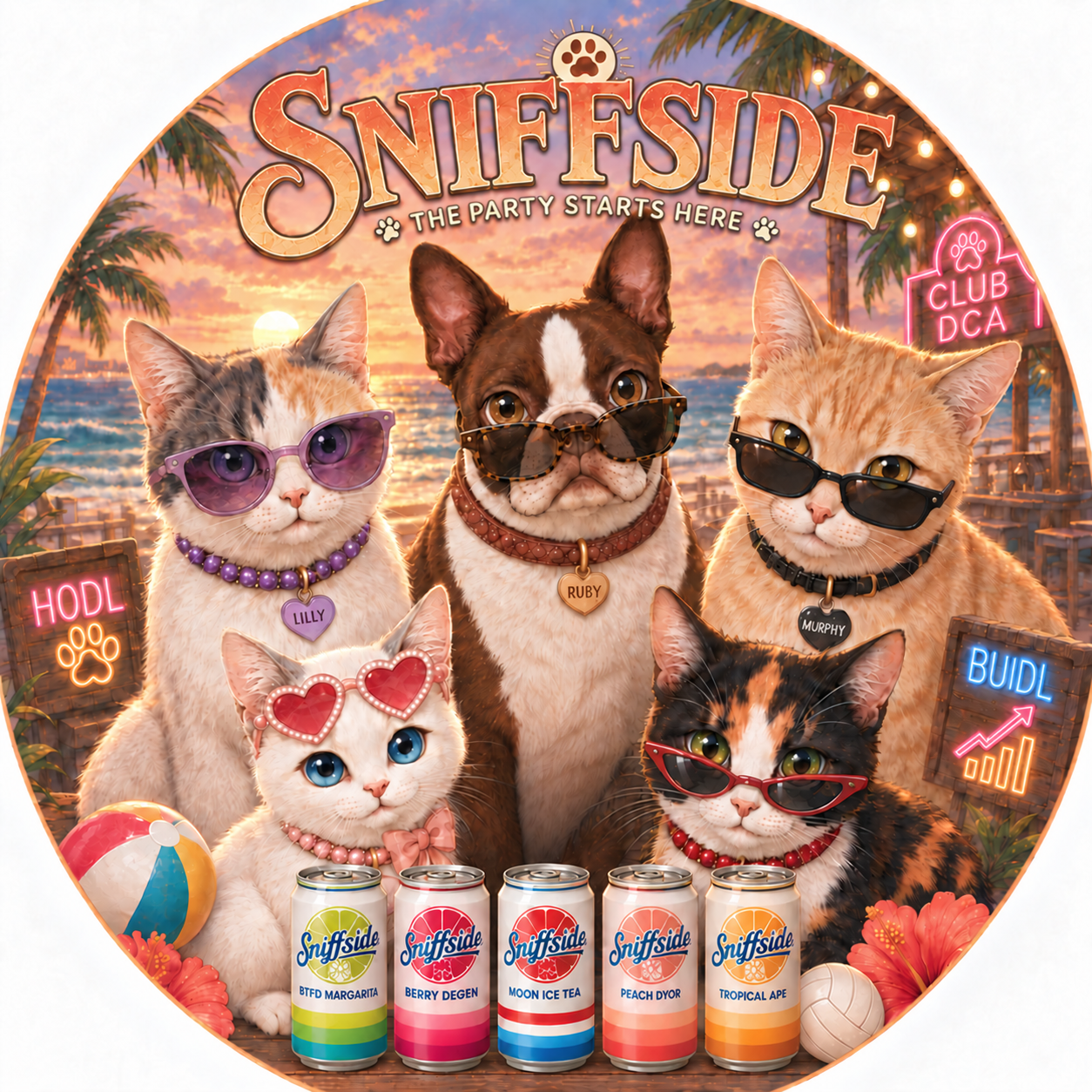Official Sniffside memecoin artwork featuring Ruby, Lilly, Murphy, Angel, and Lollipop with five Sniffside cans